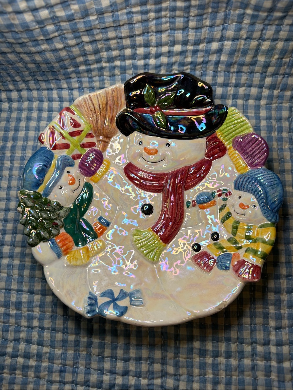 Vintage Dolgencorp Ceramic Snowman Iridescent Holiday Serving Dish